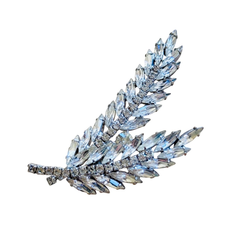 VTG Feather Crystal Rhinestone Brooch Pin Jeweled Silver‎ Sparkly Wing Art Deco